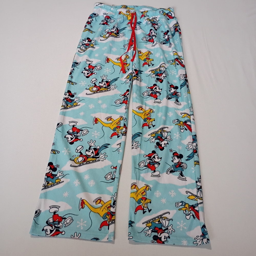 Disney Women's Sz M PJ Bottoms -Blue Mickey & Minnie Mouse Pluto Christmas Print
